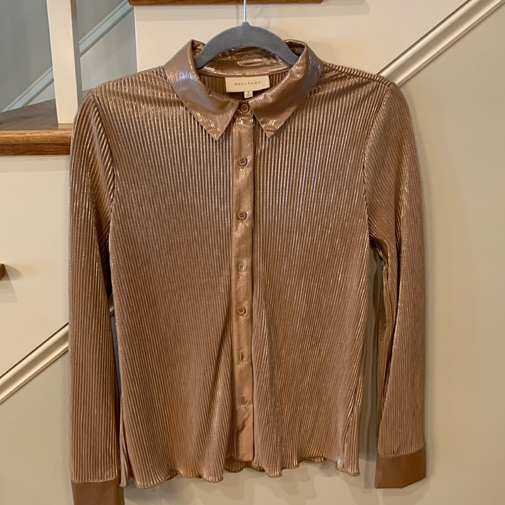 Beautiful beige silky long sleeve button down blouse New condition Size Small
